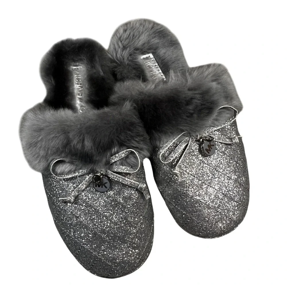 Michael Kors Women's Slippers‎ Gray Glitter Faux Fur Bow Accent Comfy Size 5